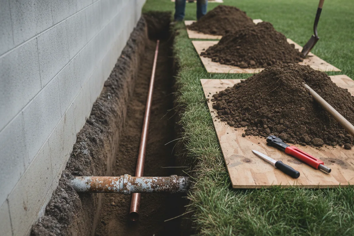 Excavated water line trench during Water Heater Repair in Saluda